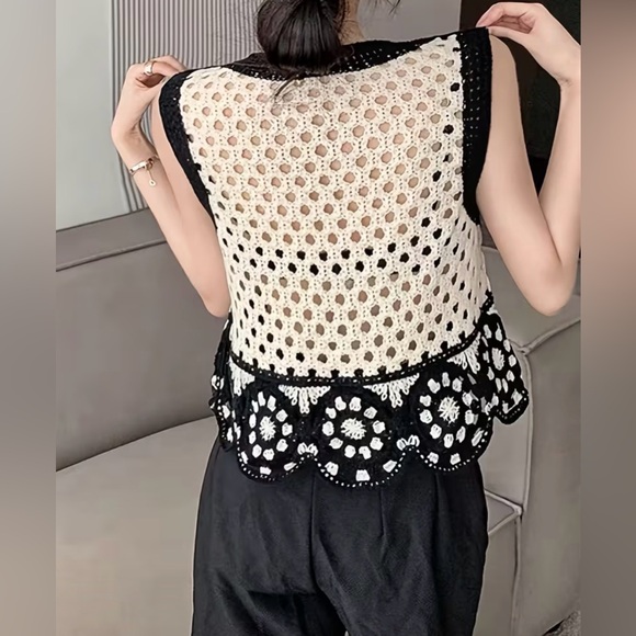 Boho Knit Crochet Floral Vest; Open Knit Boho Floral Vest - Picture 2 of 5